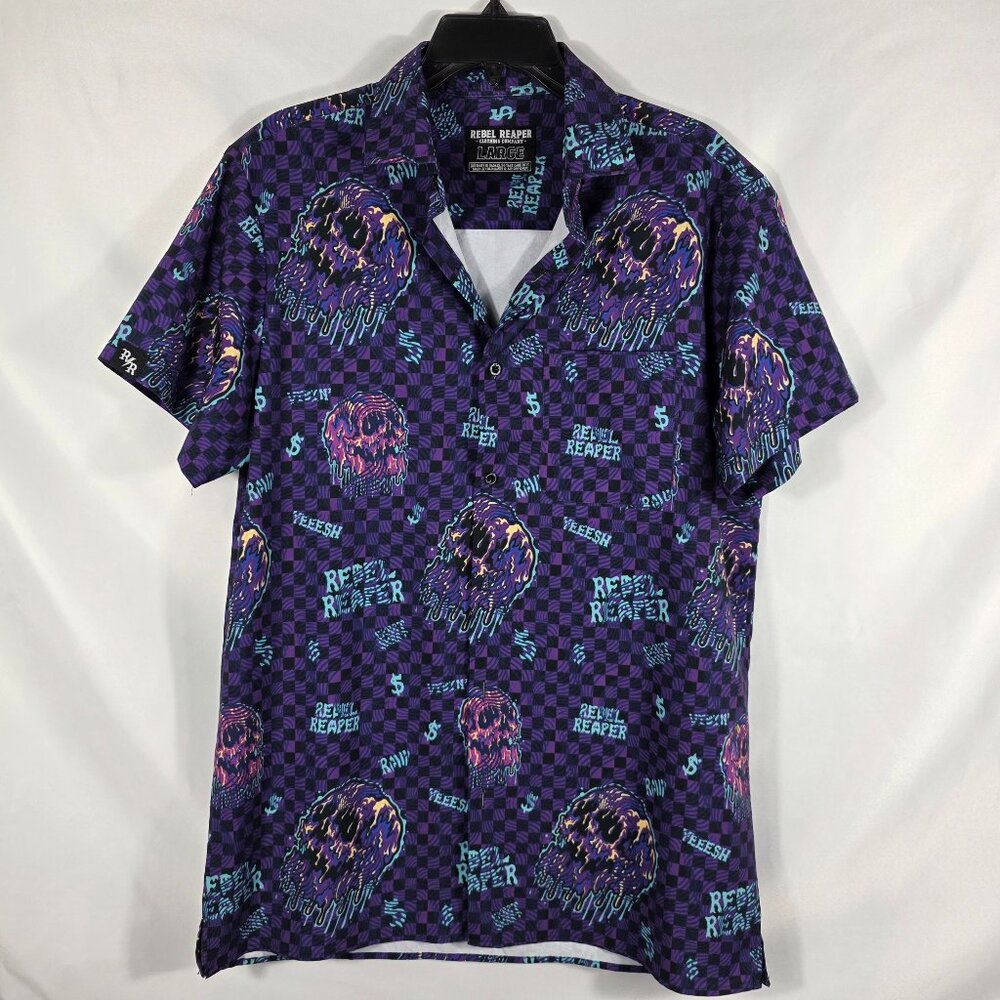 Men's Rebel Reaper Short Sleeve Shirt Size Large Purple Skulls & Dollar Signs